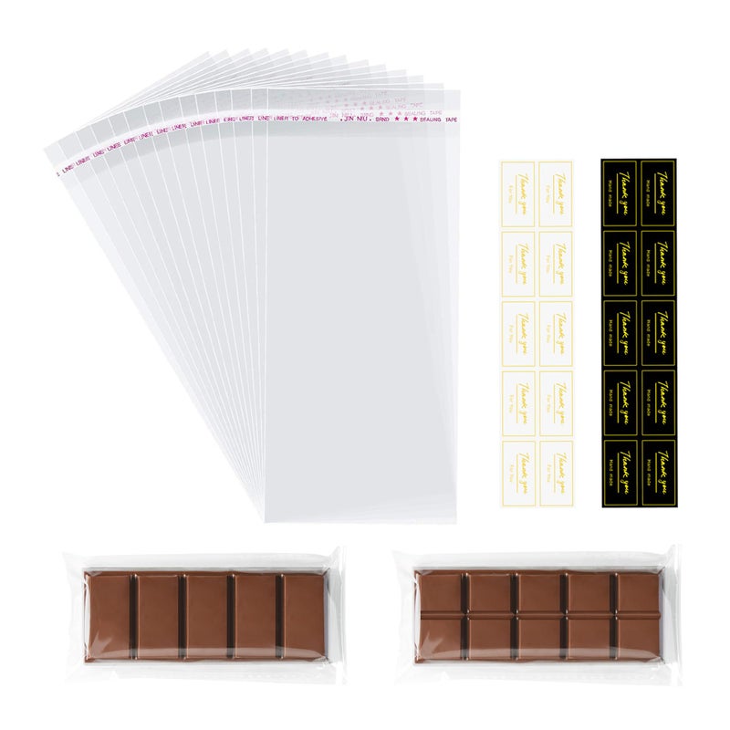 Fimary 100 Pcs Knafeh Pistachio Chocolate Wrappers with 100 Pcs Thank You Stickers - 2.5 x 7.1 Inch Candy Packaging - Self Adhesive Small Plastic Wax Melt Snap Bar Bags - Image 1